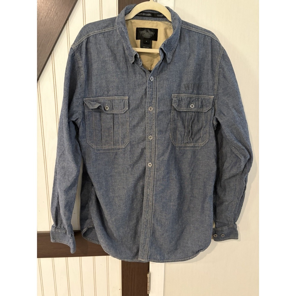 Harley Davidson Mens XL Button Down Denim Blue Shirt Skull Logo Long Sleeve